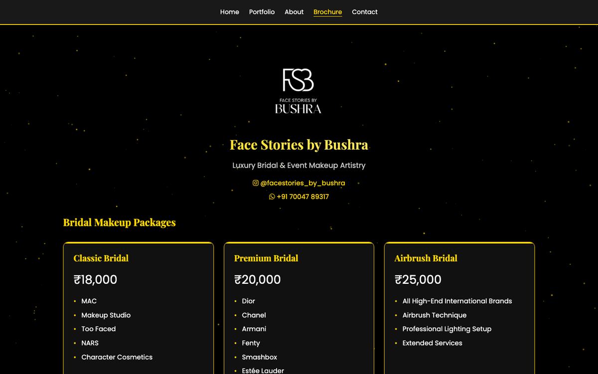 Face Stories by Bushra packages page with bridal makeup prices