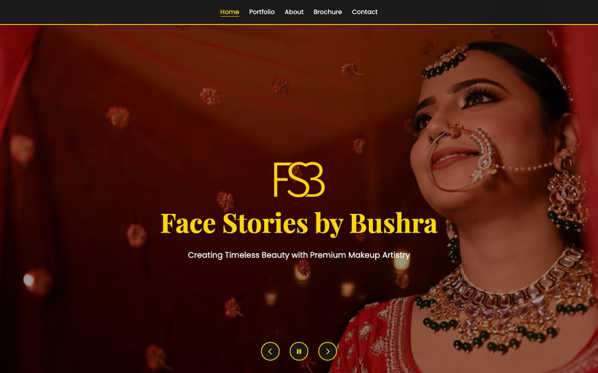 Face Stories by Bushra home page: a bride with the studio's name over the photo